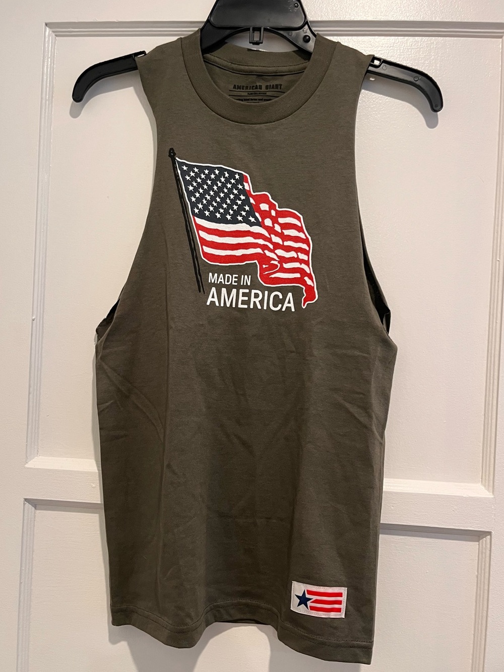 American Giant Olive Green Women’s Tank with Flag Graphic